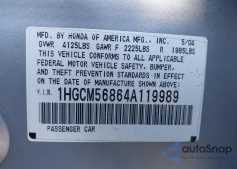 2004 Honda Accord 2.4 Ex from USA, damaged, VIN 1HGCM56864A119989